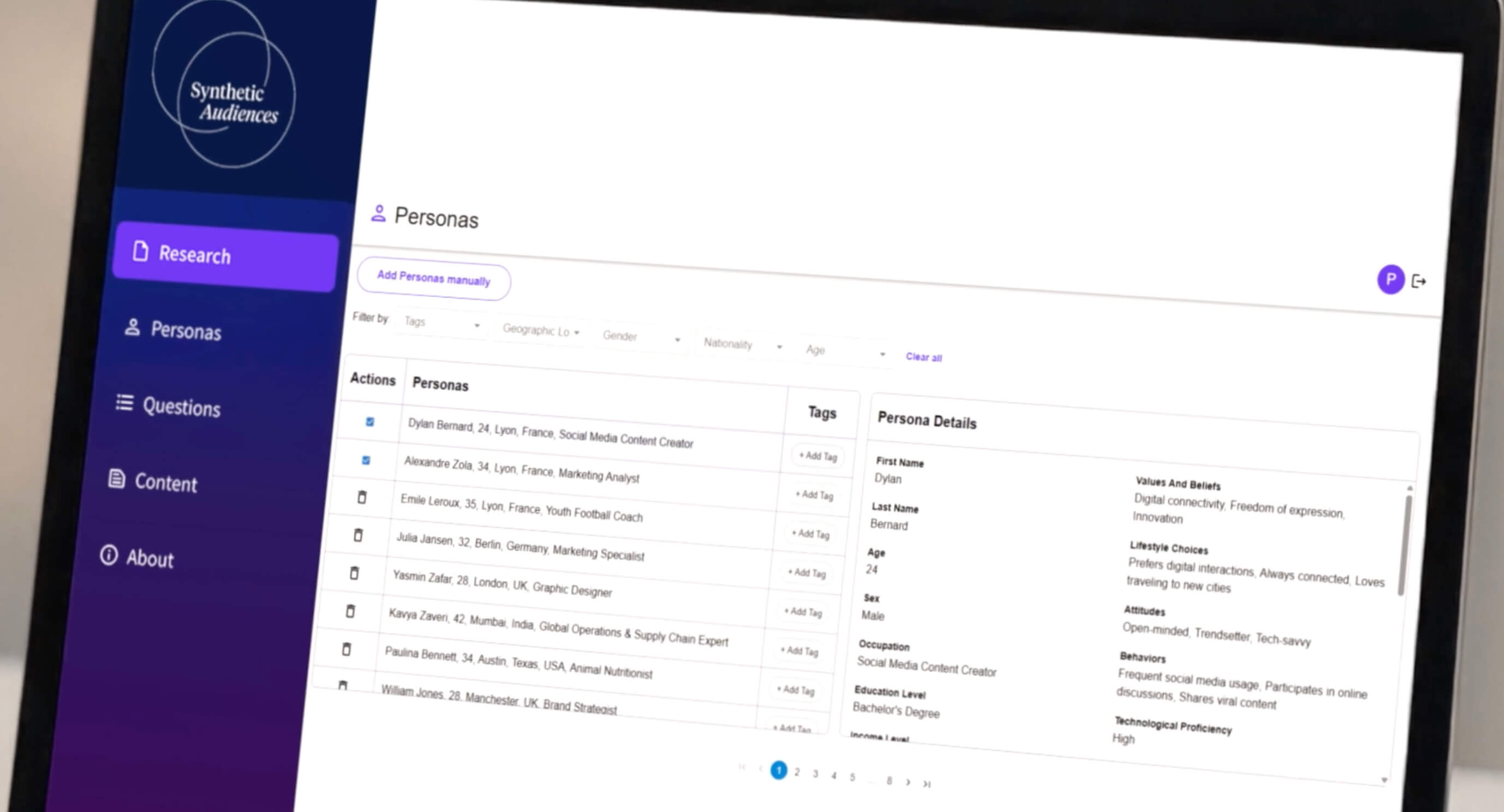 Synthetic Audiences Market Research app UI